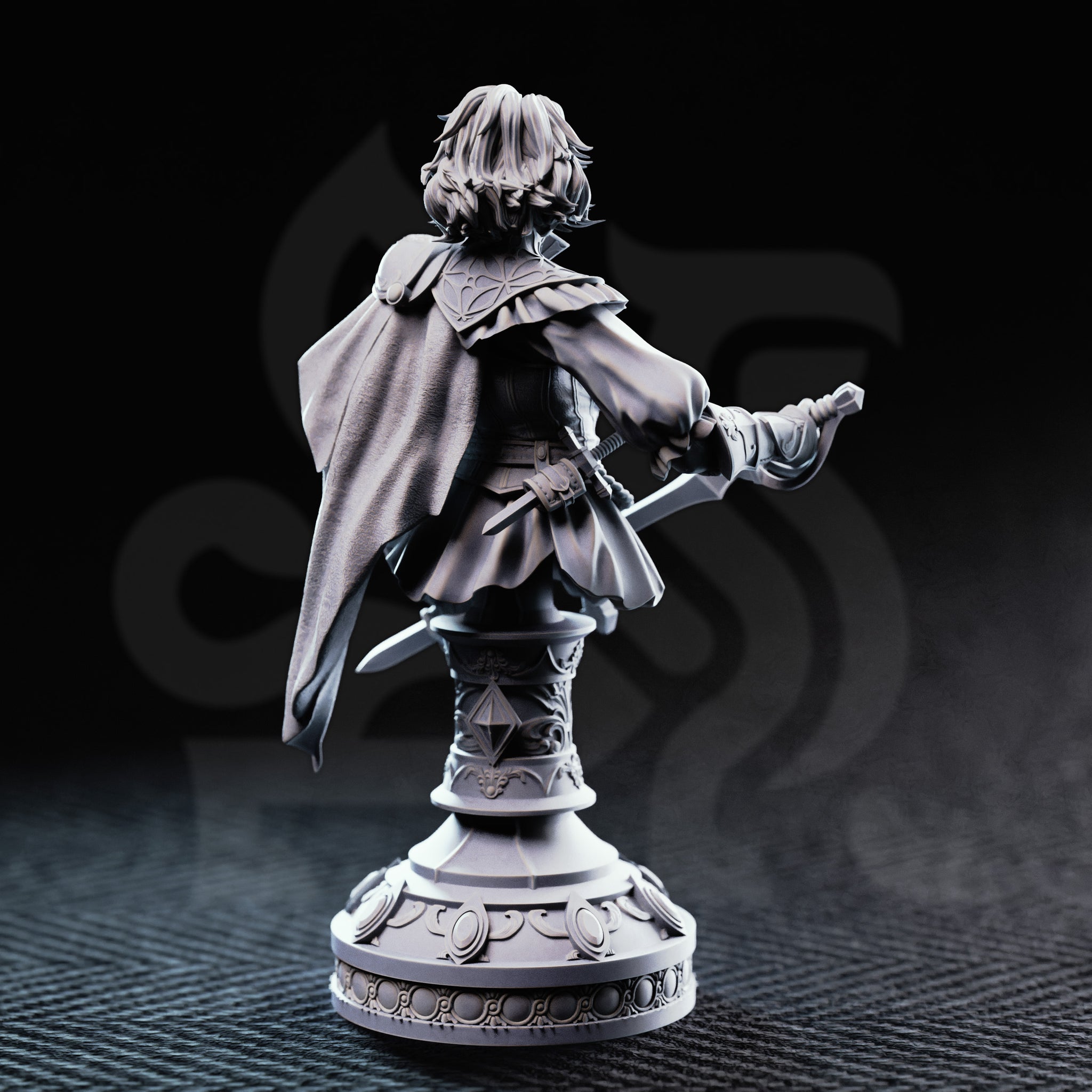 Rear view of the Lady Duellist Victoria Asquith display bust — unpainted grey resin showing a billowing cape, second blade at the hip, detailed back armour and pauldrons, and the fully decorated column plinth with repeating oval medallions