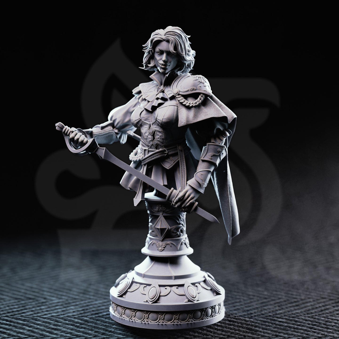Front view of the Lady Duellist Victoria Asquith display bust — unpainted grey resin showing a female dual-blade warrior in layered armour and travel cape, rapier extended forward, mounted on an ornate tiered plinth with scrollwork and polyhedral die motifs