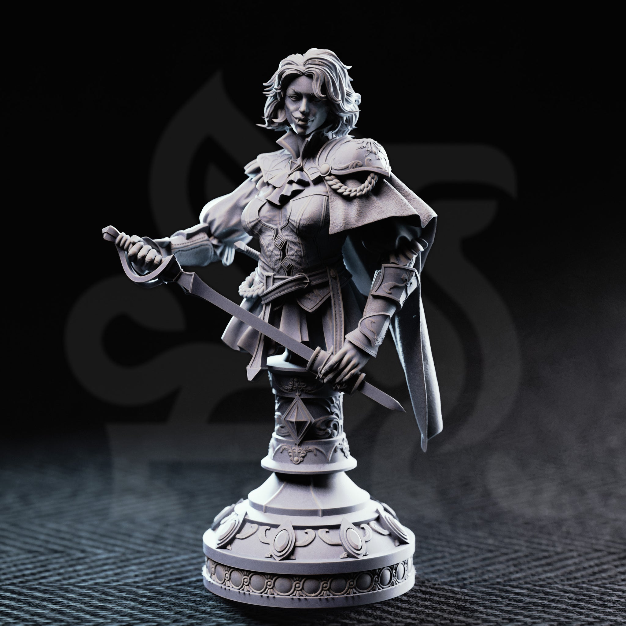 Front view of the Lady Duellist Victoria Asquith display bust — unpainted grey resin showing a female dual-blade warrior in layered armour and travel cape, rapier extended forward, mounted on an ornate tiered plinth with scrollwork and polyhedral die motifs