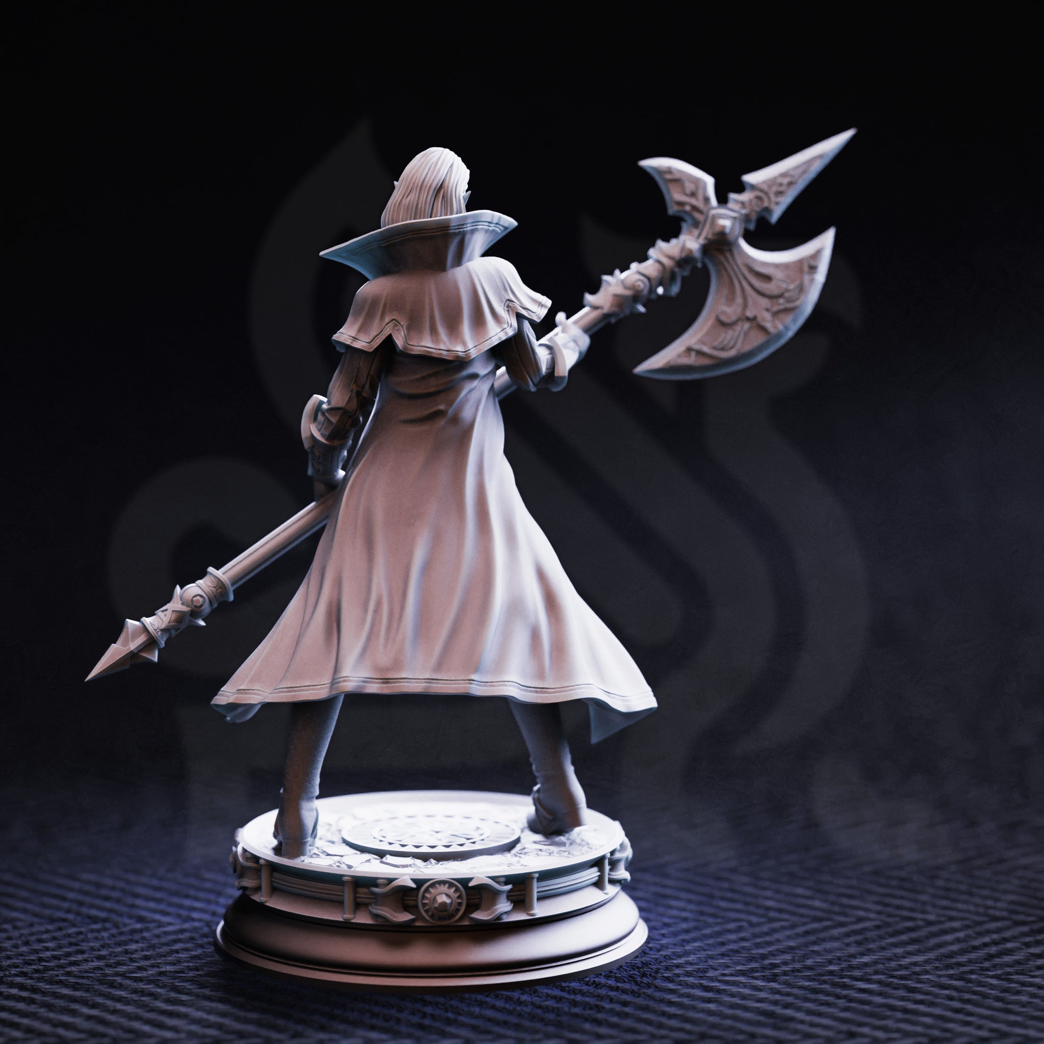 Rear three-quarter photograph of unpainted grey resin Vika 'Doll Lips' miniature — showing the full sweep of her long coat, back armour detail, and the engraved blades of the halberd raised overhead, on an ornate round display base