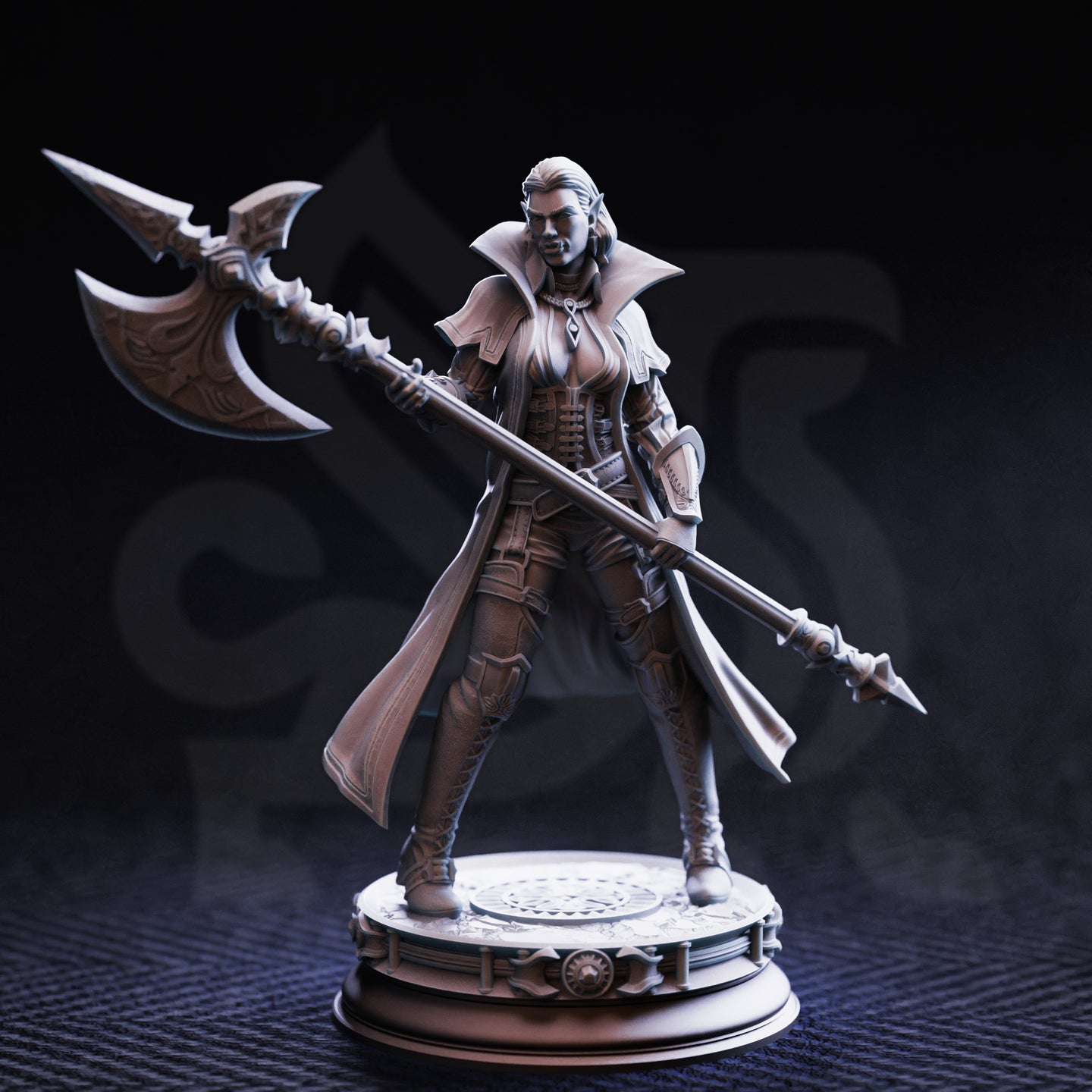 Front-angle photograph of unpainted grey resin Vika 'Doll Lips' half-orc interrogator miniature — confident wide stance, engraved halberd raised diagonally, high-collared coat, detailed armour plating, on an ornate round display base
