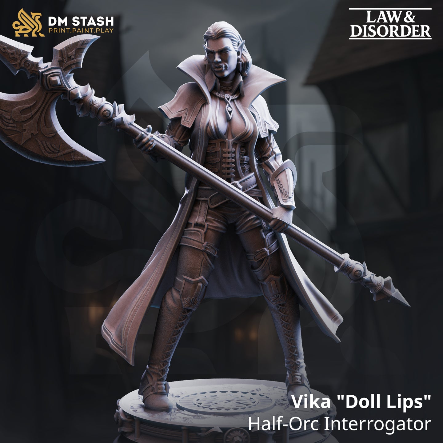 Digital render of Vika 'Doll Lips' half-orc interrogator miniature from DM Stash's Law and Disorder collection, shown in grey unpainted resin render — wide stance, ornate halberd held diagonally across body, long coat with high collar, layered armour, pointed ears, on a detailed decorative round base