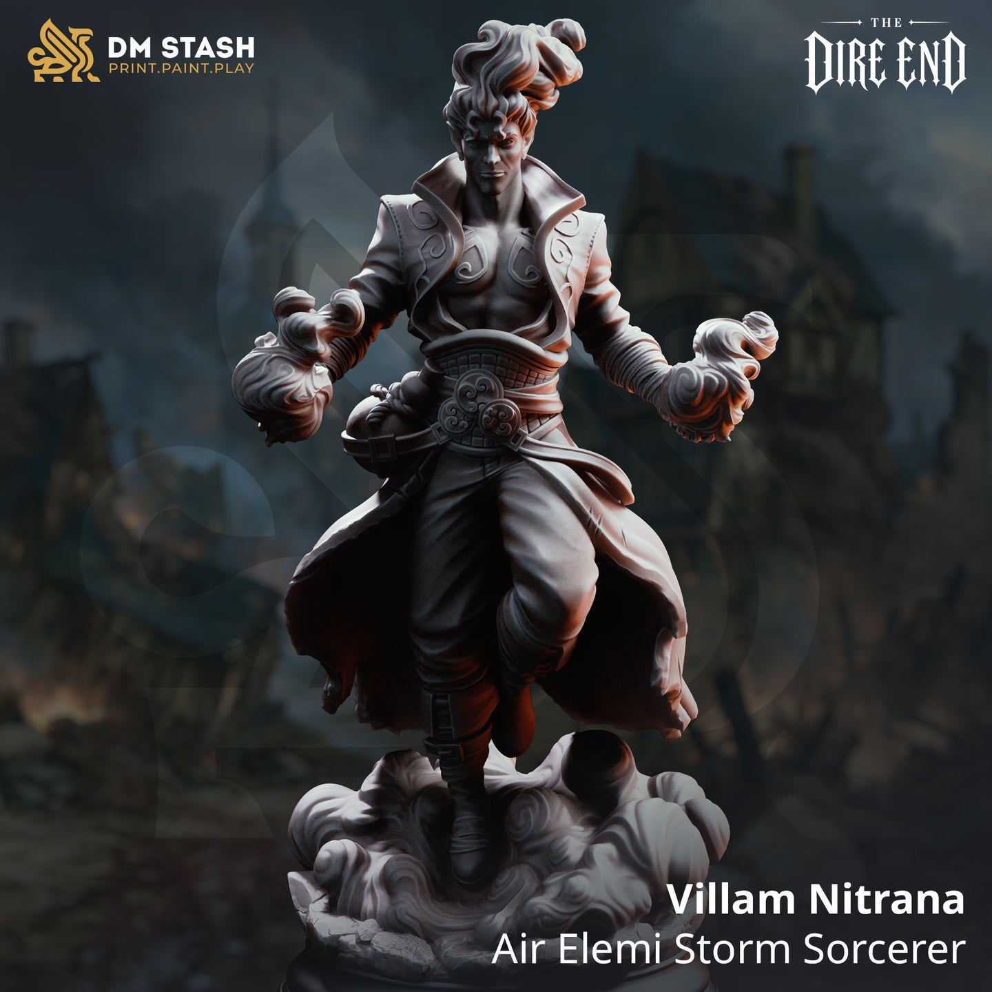 Rear view of Villam Nitrana by DM Stash, showing the billowing full-length coat with fabric creases and torn hem, wind effects visible at both sides, and the sculpted cloud-mass base beneath his feet.