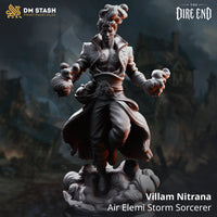 Rear view of Villam Nitrana by DM Stash, showing the billowing full-length coat with fabric creases and torn hem, wind effects visible at both sides, and the sculpted cloud-mass base beneath his feet.