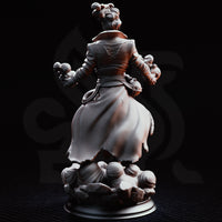 Villam Nitrana Storm Sorcerer miniature by DM Stash, standing tall with both fists raised and wind-formed vapour coiling around his hands, coat billowing, on a cloud-and-rubble scenic base.