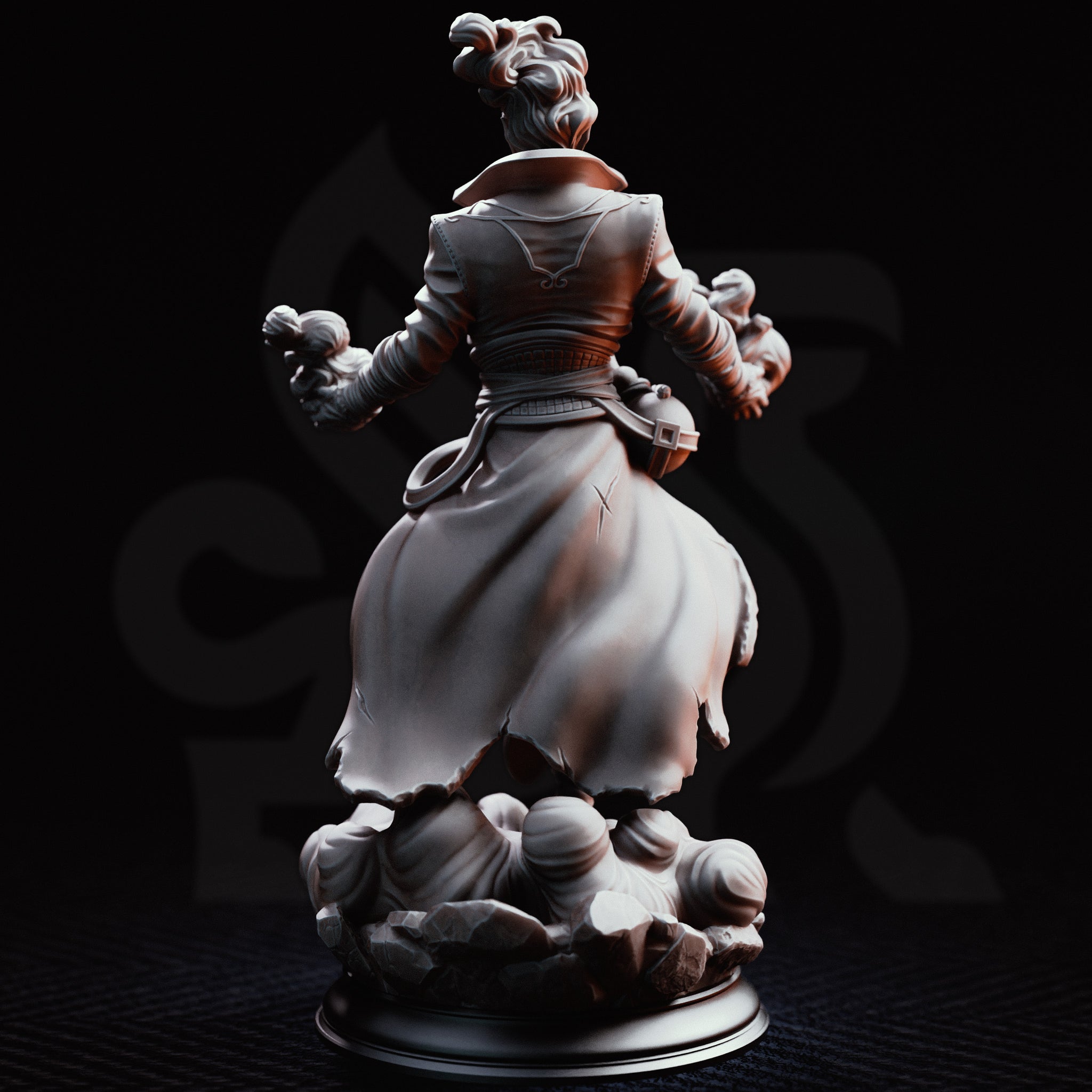 Villam Nitrana Storm Sorcerer miniature by DM Stash, standing tall with both fists raised and wind-formed vapour coiling around his hands, coat billowing, on a cloud-and-rubble scenic base.