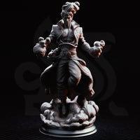 Villam Nitrana by DM Stash, close front view showing scroll-worked coat, broad woven belt, whipping hair, and twin swirling wind effects curling from each outstretched hand over a churning cloud base.