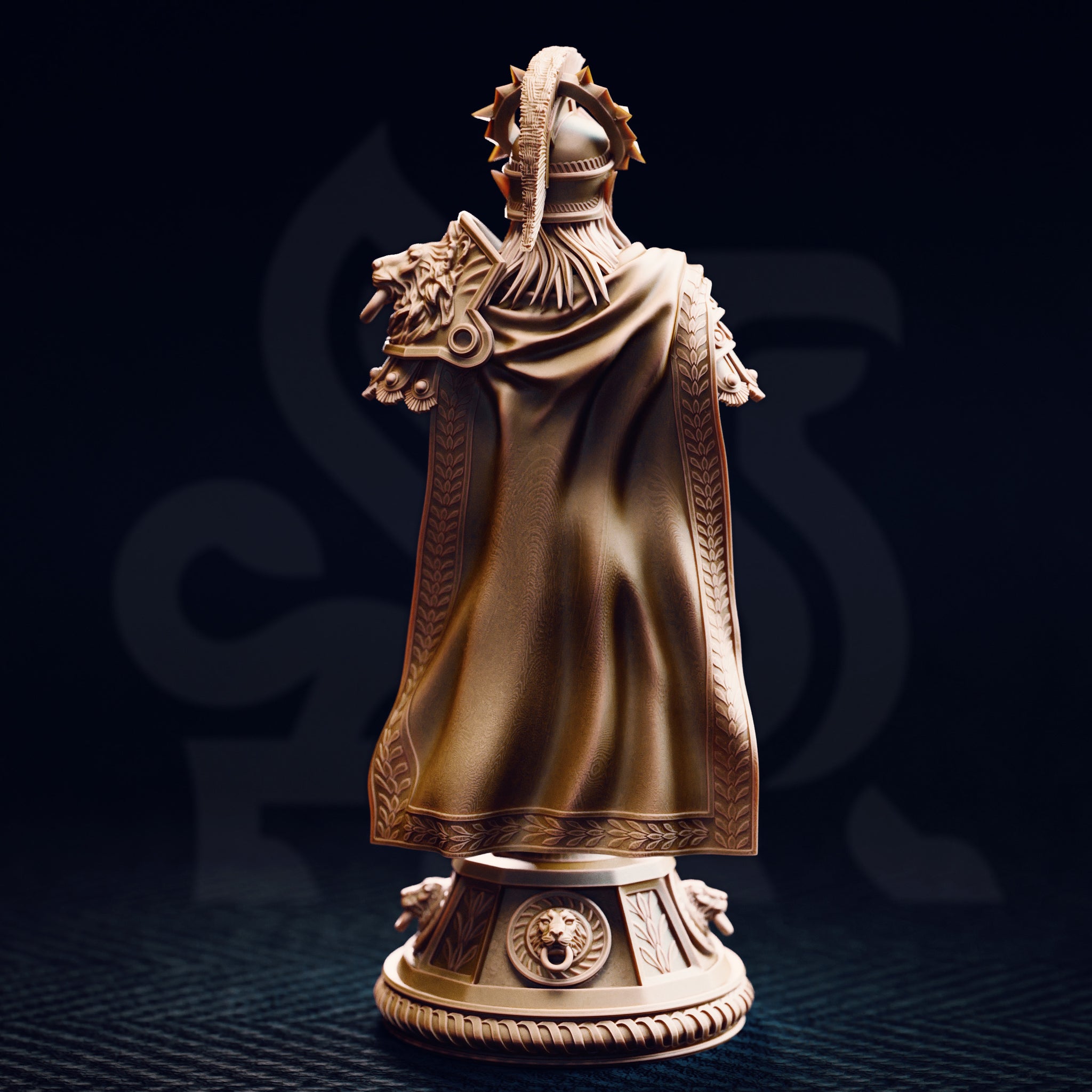 Rear view of the Vilryn Kaedrys Sun Elf Gladiator bust — unpainted warm-toned resin, showing the flowing cloak with laurel-trimmed border, the plumed crest of the Corinthian helm, and the back of the tiered display plinth with lion mask detail