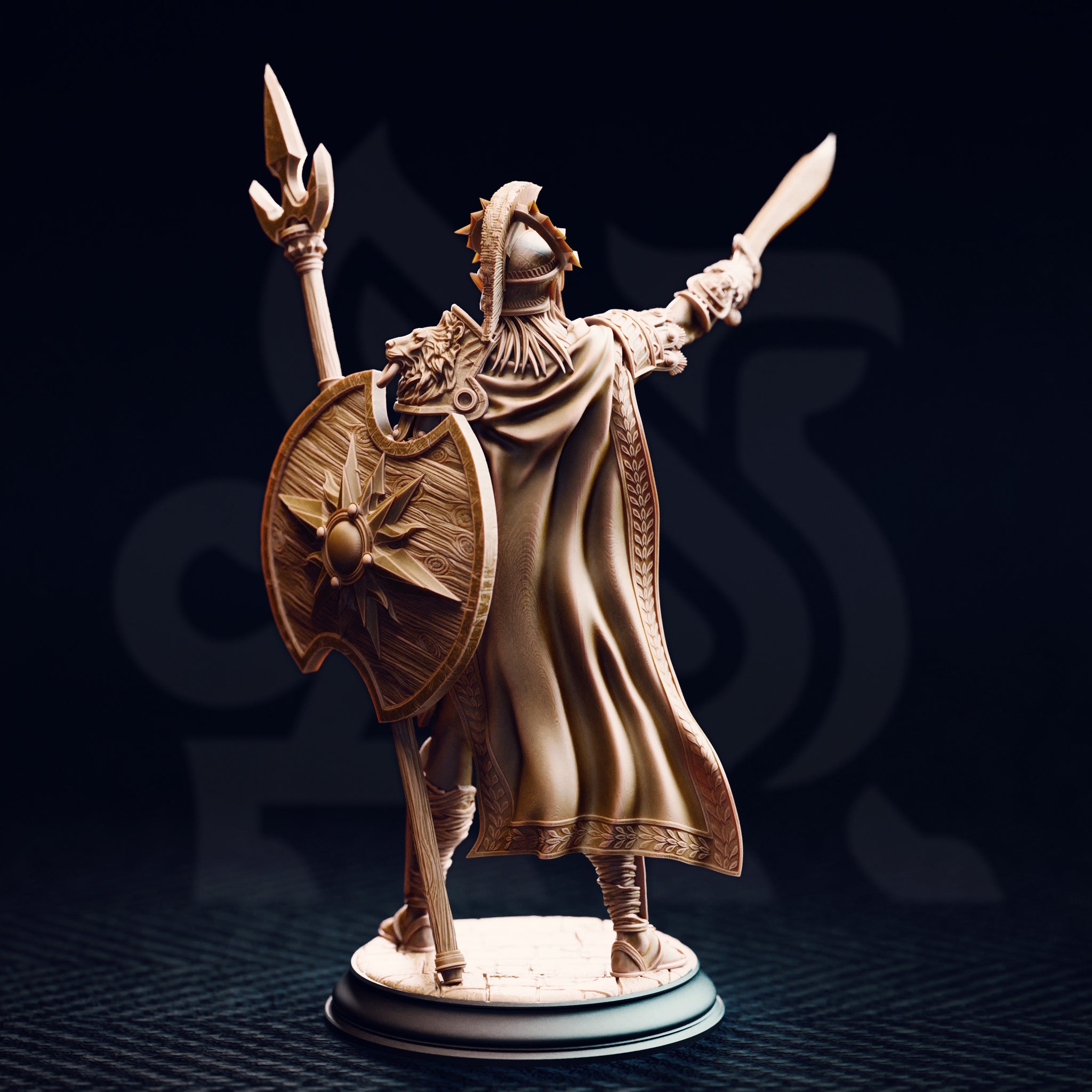 Unpainted resin miniature of Vilryn Kaedrys Sun Elf Gladiator, rear view — showing the laurel-bordered cloak, wood-grain textured round shield with sunburst boss, lion-head pauldron, and solar-crested helmet with plume