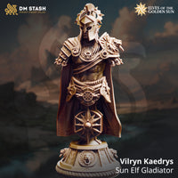 Digital render of the Vilryn Kaedrys Sun Elf Gladiator bust by DM Stash — unpainted cream resin showing a Corinthian-style helm with solar spike crown, dragon-headed pauldrons, sun medallion chest piece, flowing cloak with laurel border, and a tiered display plinth decorated with lion mask reliefs and a compass-star medallion