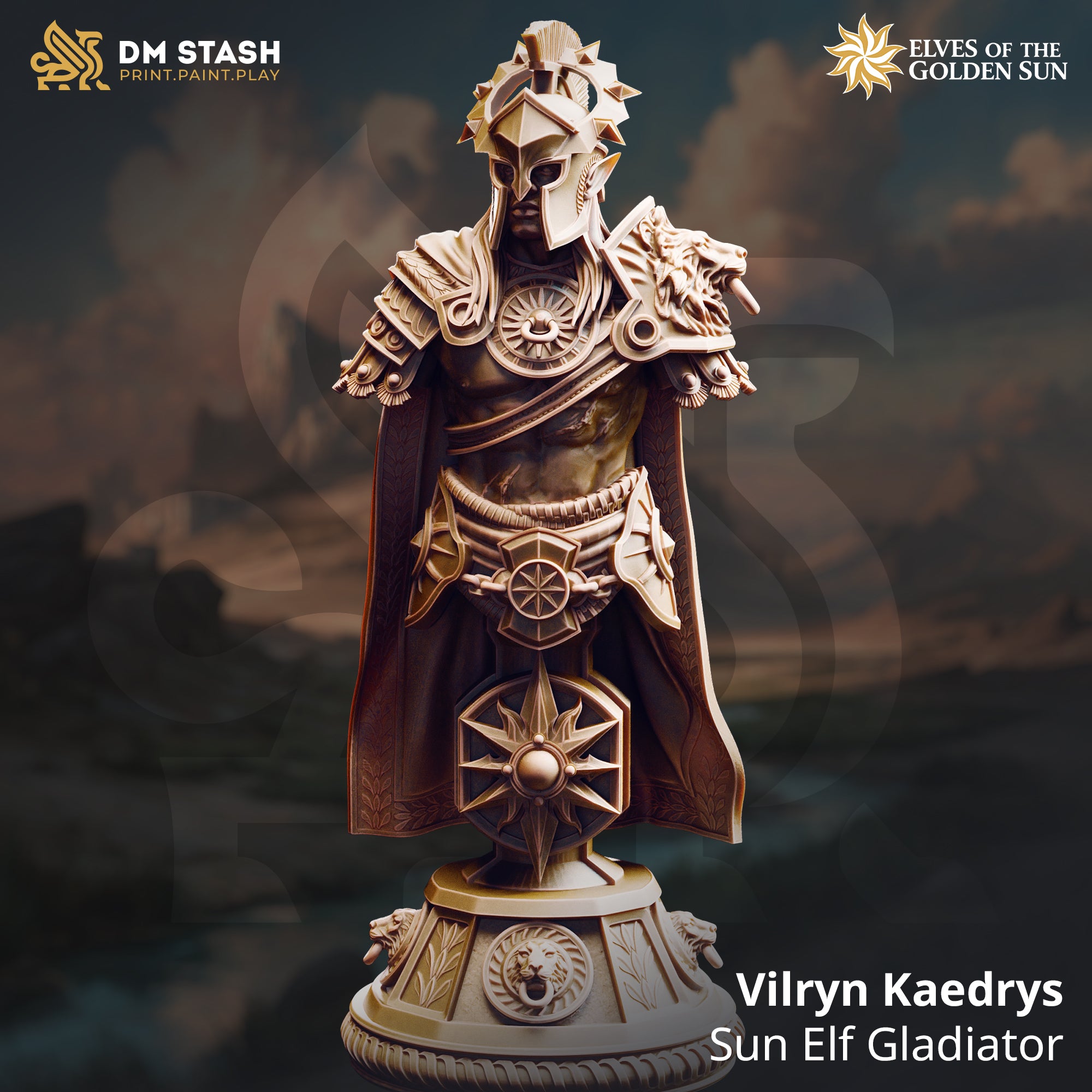 Digital render of the Vilryn Kaedrys Sun Elf Gladiator bust by DM Stash — unpainted cream resin showing a Corinthian-style helm with solar spike crown, dragon-headed pauldrons, sun medallion chest piece, flowing cloak with laurel border, and a tiered display plinth decorated with lion mask reliefs and a compass-star medallion