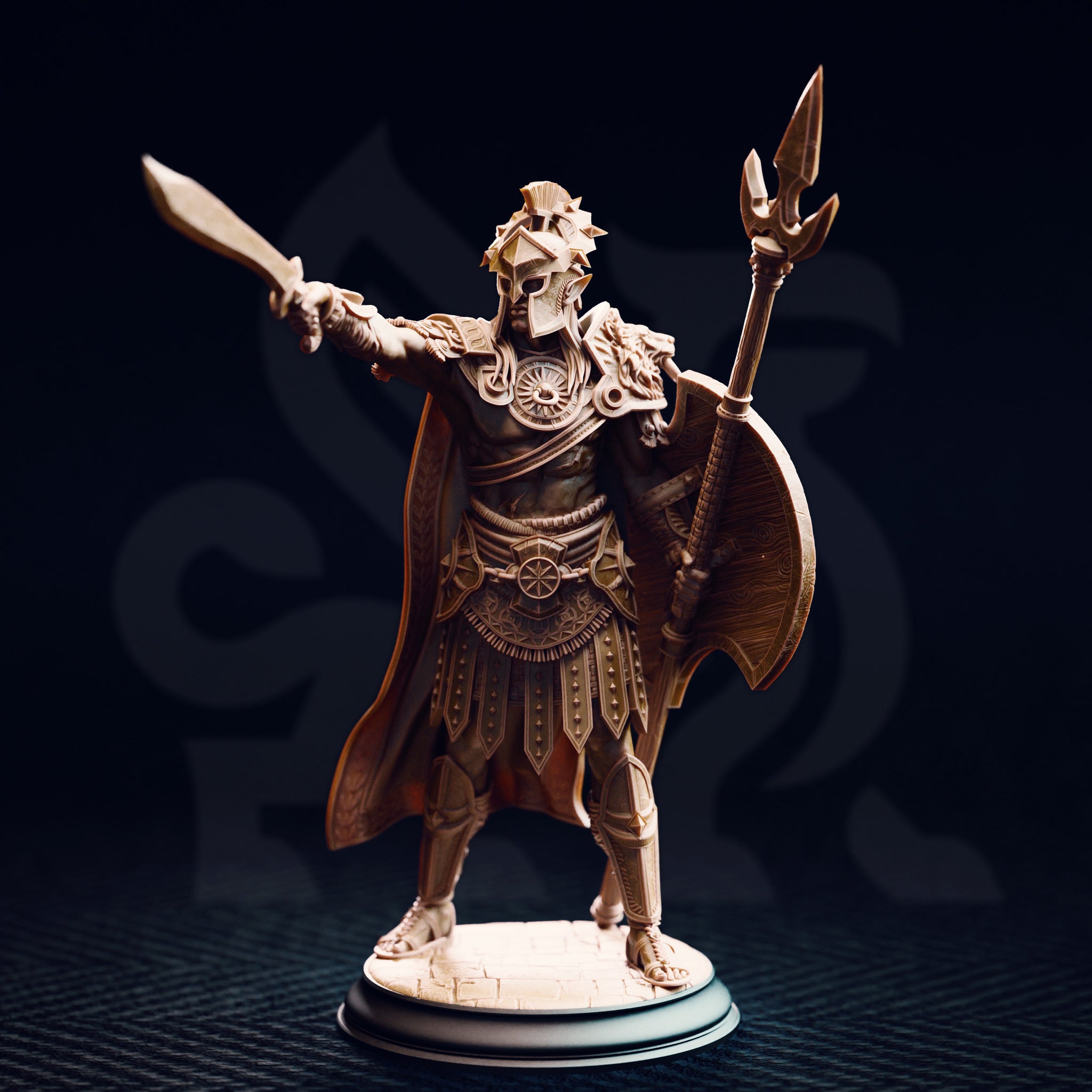 Unpainted resin miniature of Vilryn Kaedrys Sun Elf Gladiator, front view — showing sun-disc breastplate, segmented armour, studded war-skirt, sweeping cloak, trident polearm, round shield, and extended sword, on a cobblestone round base