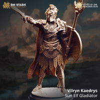 Digital render of Vilryn Kaedrys Sun Elf Gladiator miniature by DM Stash — unpainted, showing solar-crested helmet, lion-head pauldron, extended sword, trident polearm, and round shield, on a cobblestone base
