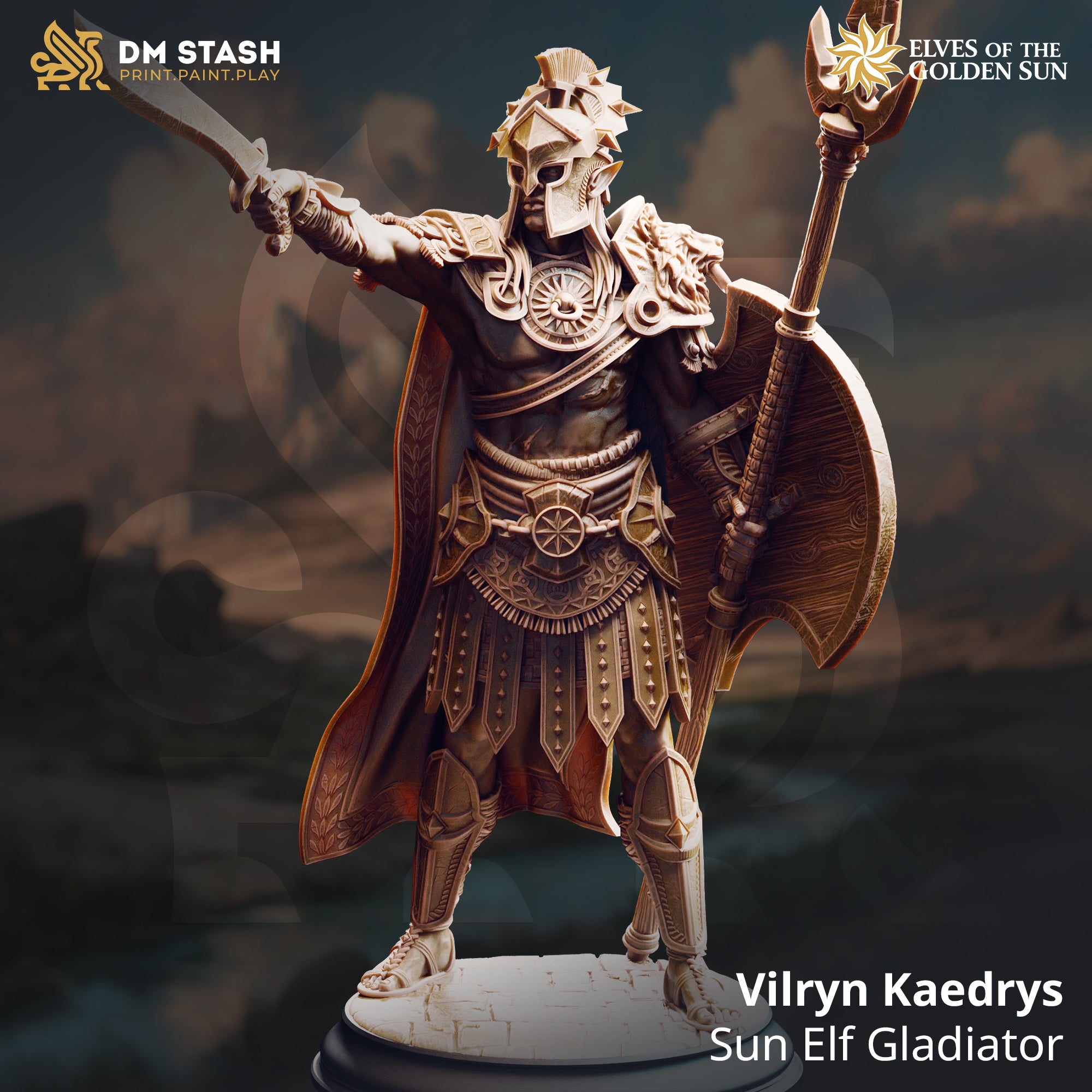 Digital render of Vilryn Kaedrys Sun Elf Gladiator miniature by DM Stash — unpainted, showing solar-crested helmet, lion-head pauldron, extended sword, trident polearm, and round shield, on a cobblestone base