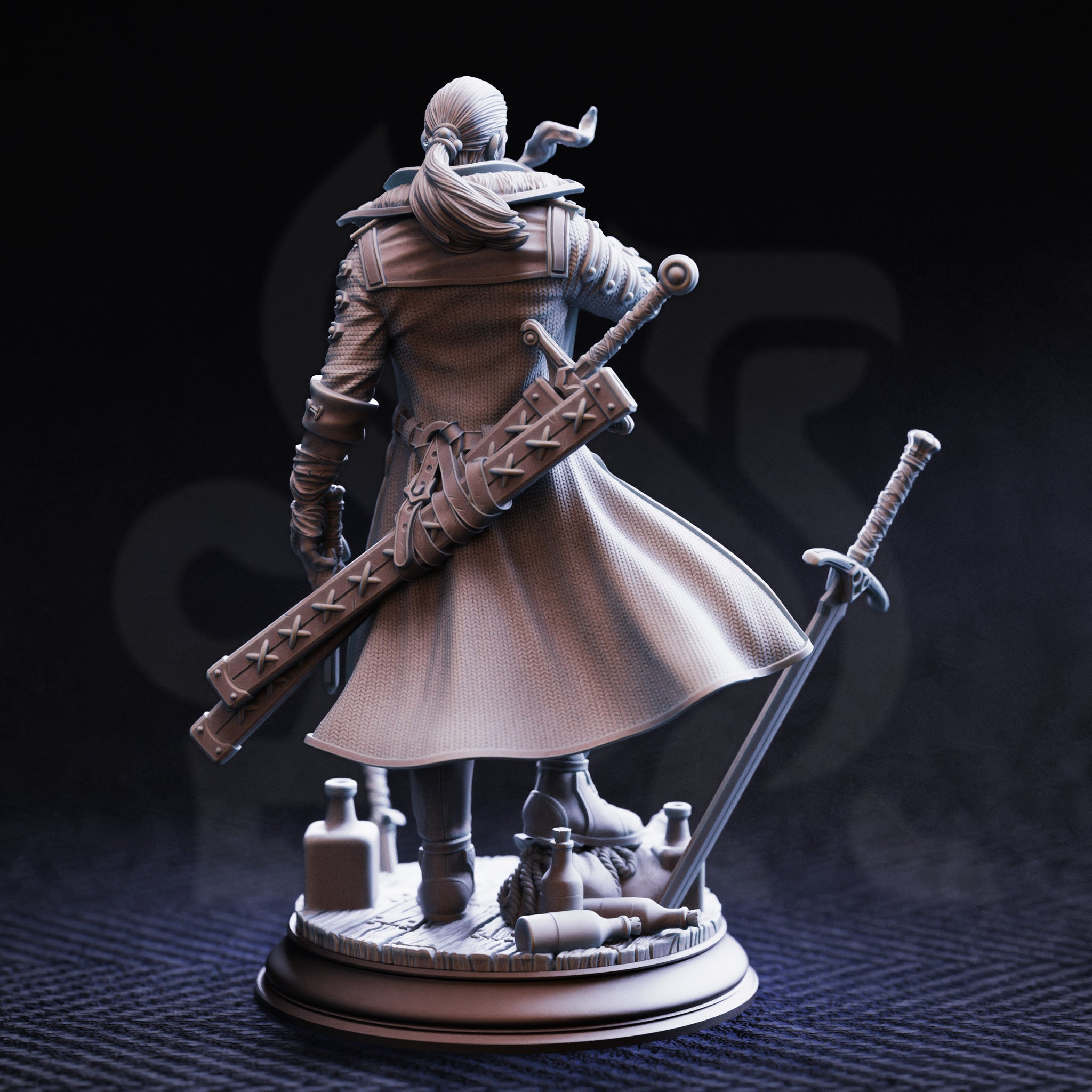 Rear view of the Vincent Nightingale unpainted grey resin miniature, showing his long flowing coat with knit texture, a large studded baton strapped across his back, a sword rising from the scenic base beside him, and additional scattered bottles and rope detail on the base.