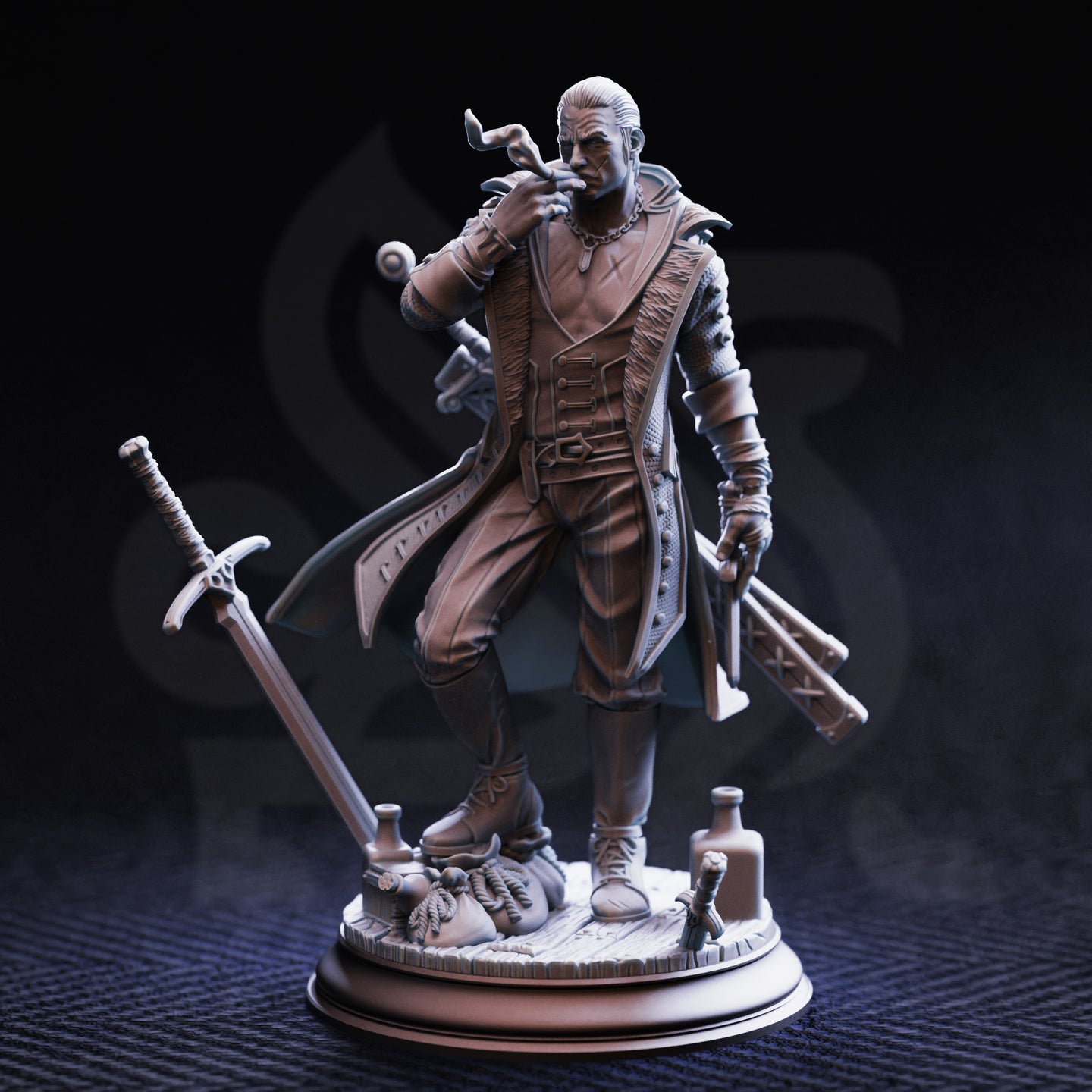 Unpainted grey resin miniature of Vincent Nightingale viewed from the front against a dark background, showing his buttoned waistcoat, heavy chain necklace, pauldrons, and detailed scenic base with swords, bottles, and rope scattered across wooden planking.