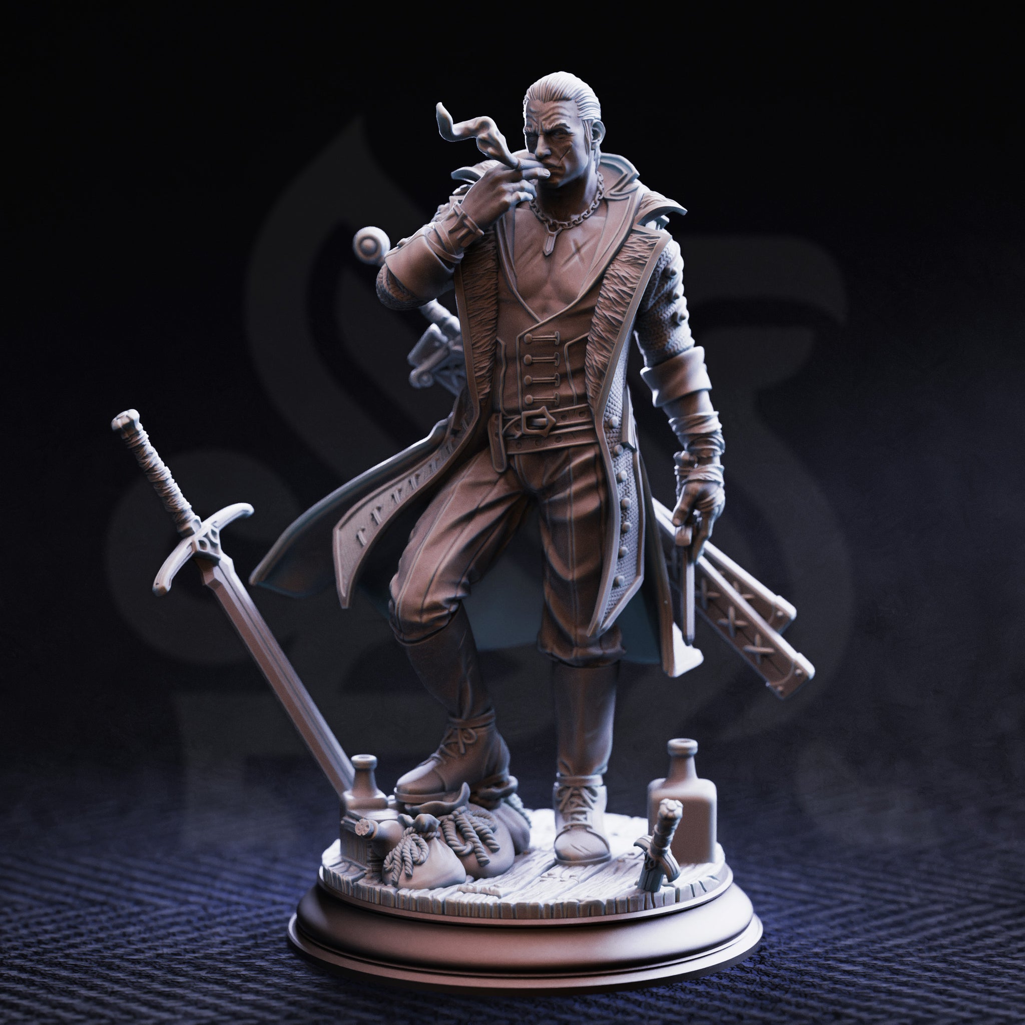 Unpainted grey resin miniature of Vincent Nightingale viewed from the front against a dark background, showing his buttoned waistcoat, heavy chain necklace, pauldrons, and detailed scenic base with swords, bottles, and rope scattered across wooden planking.