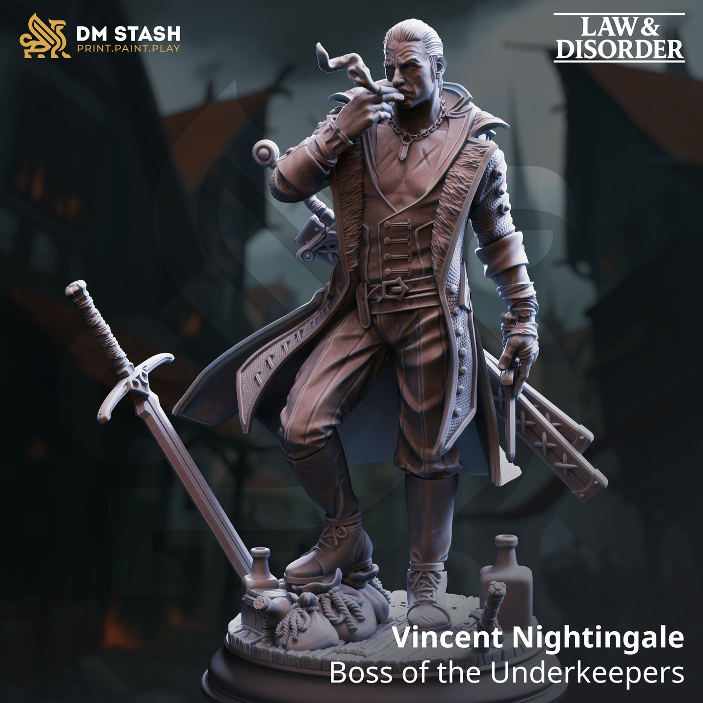 Digital render of Vincent Nightingale, Boss of the Underkeepers — an unpainted grey resin miniature showing a confident male figure in a long knit coat and chainmail, one ring-adorned hand raised mid-gesture, the other holding a studded baton. The scenic base features abandoned swords, rope coils, and scattered bottles. DM Stash Law & Disorder collection branding visible.