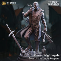 Digital render of Vincent Nightingale, Boss of the Underkeepers — an unpainted grey resin miniature showing a confident male figure in a long knit coat and chainmail, one ring-adorned hand raised mid-gesture, the other holding a studded baton. The scenic base features abandoned swords, rope coils, and scattered bottles. DM Stash Law & Disorder collection branding visible.