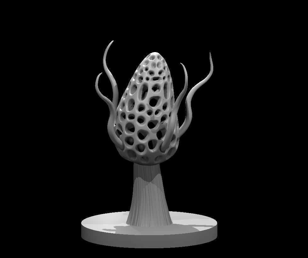 Digital render of the Violet Fungus MM2025 miniature — unpainted grey resin showing a honeycombed hollow cap with deep pitted texture, a ribbed stalk, and a crown of sinuous reaching tendrils, mounted on a round flat base at 32mm scale