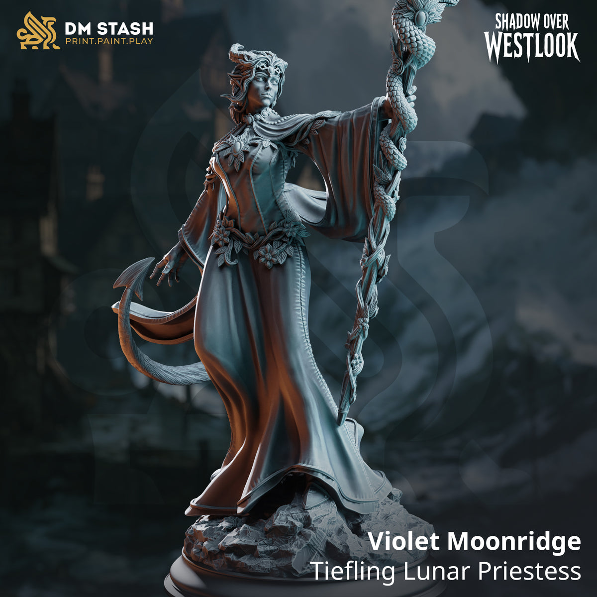 Rear view of Violet Moonridge by DM Stash — flowing layered robes with beaded cape edge, tiefling tail curving outward, serpent-covered staff extended overhead, splayed fingers on the free hand.