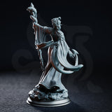 Violet Moonridge Tiefling Lunar Priestess by DM Stash — three-quarter view showing wide ceremonial sleeves, fitted bodice with botanical relief, serpent-entwined staff raised high, shattered stone base.