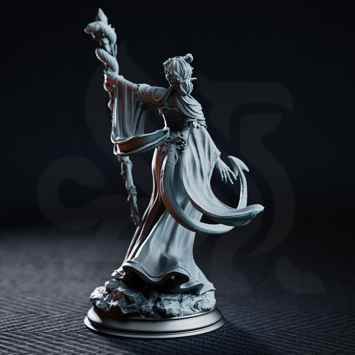 Violet Moonridge Tiefling Lunar Priestess by DM Stash — three-quarter view showing wide ceremonial sleeves, fitted bodice with botanical relief, serpent-entwined staff raised high, shattered stone base.