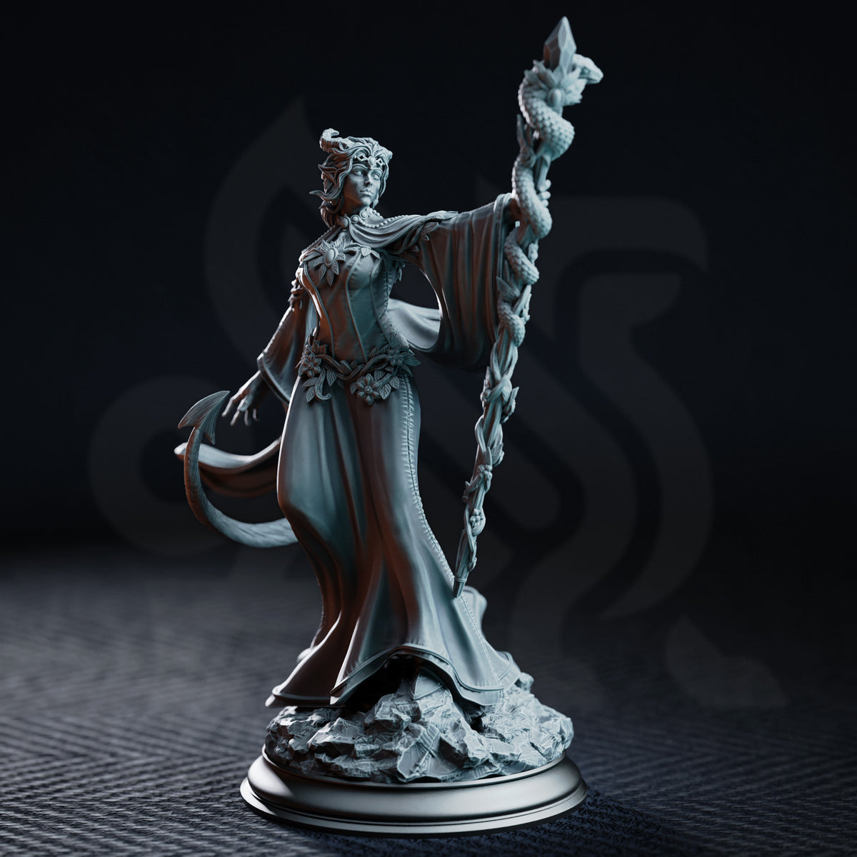 Tiefling Lunar Priestess Violet Moonridge by DM Stash — robed figure with small horns and a curling tail, raising a tall serpent-wrapped staff, floral bodice detail, rubble scenic base.