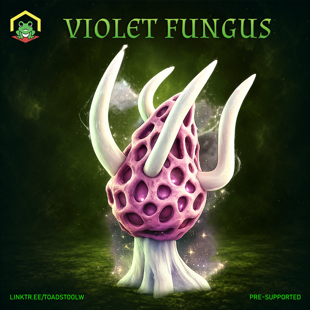 Violet Fungus miniature by The Toadstool Weaver — latticed mauve mushroom cap with deep hollow pores, rising pale striated stalk, and multiple curved white tendrils extending upward from the crown.