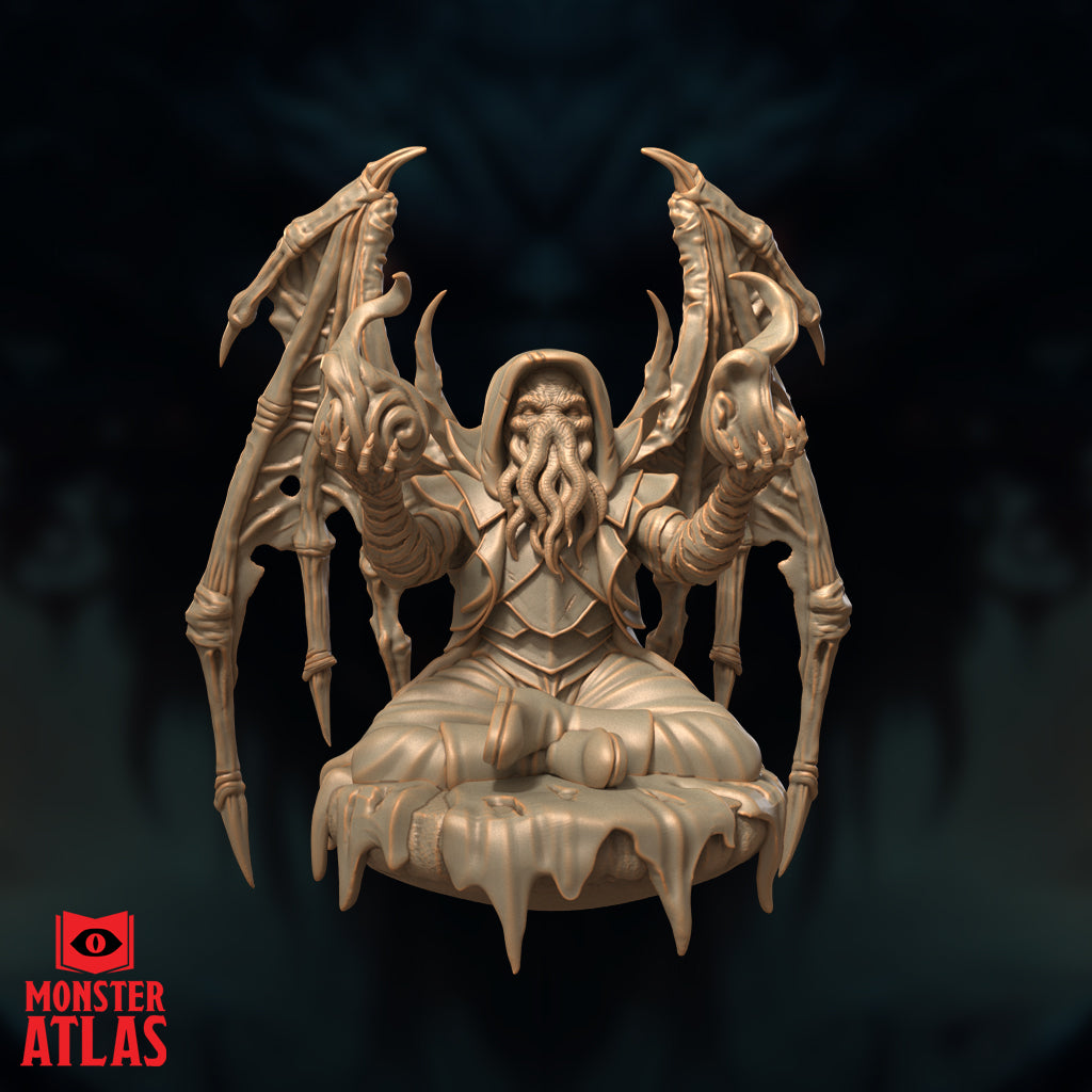 Illithid Clairvoyant Voalsh by Monster Atlas, seated cross-legged with eight skeletal bat-like wings fully spread upward, tentacled face visible beneath a deep hood, armoured chest, robes pooled around the figure, atop a wide base with dripping melting edges.