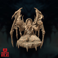 Illithid Clairvoyant Voalsh by Monster Atlas, seated cross-legged with eight skeletal bat-like wings fully spread upward, tentacled face visible beneath a deep hood, armoured chest, robes pooled around the figure, atop a wide base with dripping melting edges.
