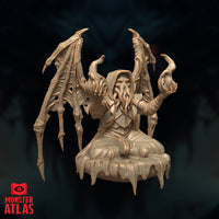 Illithid Clairvoyant Voalsh by Monster Atlas, one clawed hand raised open and the other clutching a curved talon, wings arcing wide, tentacles prominent beneath the hood, armoured torso detailed with layered plates, seated above a dissolving-edged plinth base.