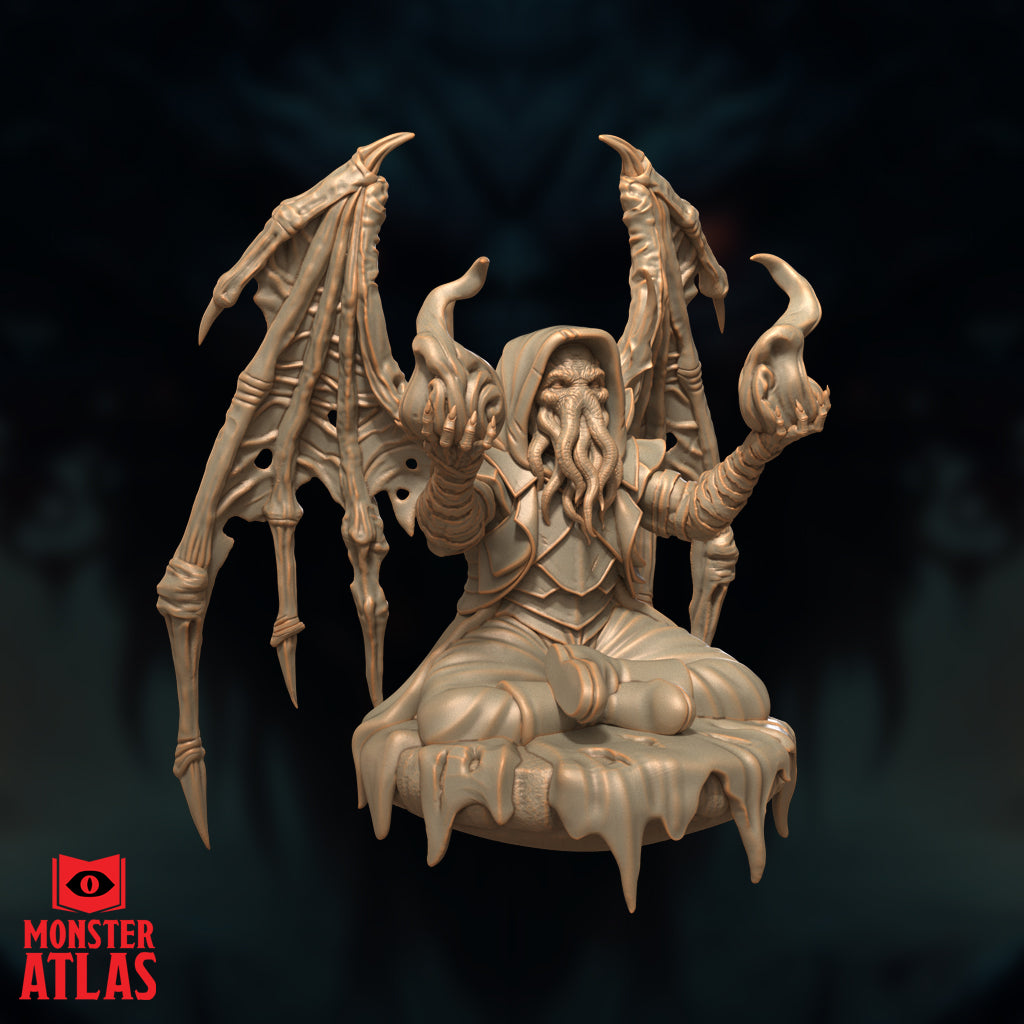 Illithid Clairvoyant Voalsh by Monster Atlas, one clawed hand raised open and the other clutching a curved talon, wings arcing wide, tentacles prominent beneath the hood, armoured torso detailed with layered plates, seated above a dissolving-edged plinth base.