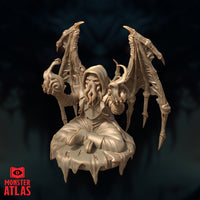 Illithid Clairvoyant Voalsh by Monster Atlas, both clawed hands raised and grasping, skeletal wings spread asymmetrically, hooded head with flowing tentacles facing forward, robes gathered at the base, scenic plinth base showing rune-etched surface and dripping edge details.