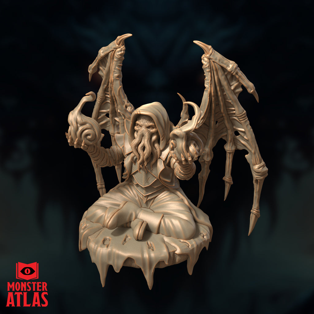 Illithid Clairvoyant Voalsh by Monster Atlas, both clawed hands raised and grasping, skeletal wings spread asymmetrically, hooded head with flowing tentacles facing forward, robes gathered at the base, scenic plinth base showing rune-etched surface and dripping edge details.