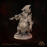 Vorak Stonejaw by Great Grimoire — front-facing dragonborn brute with a snarling horned head, broad scaly torso, and a large greataxe rested on one shoulder. Standing on a rocky scenic base.