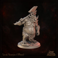 Vorak Stonejaw by Great Grimoire — three-quarter left angle showing the dragonborn's horned draconic head in profile, dorsal spines along the back, and the notched greataxe raised behind the shoulder.