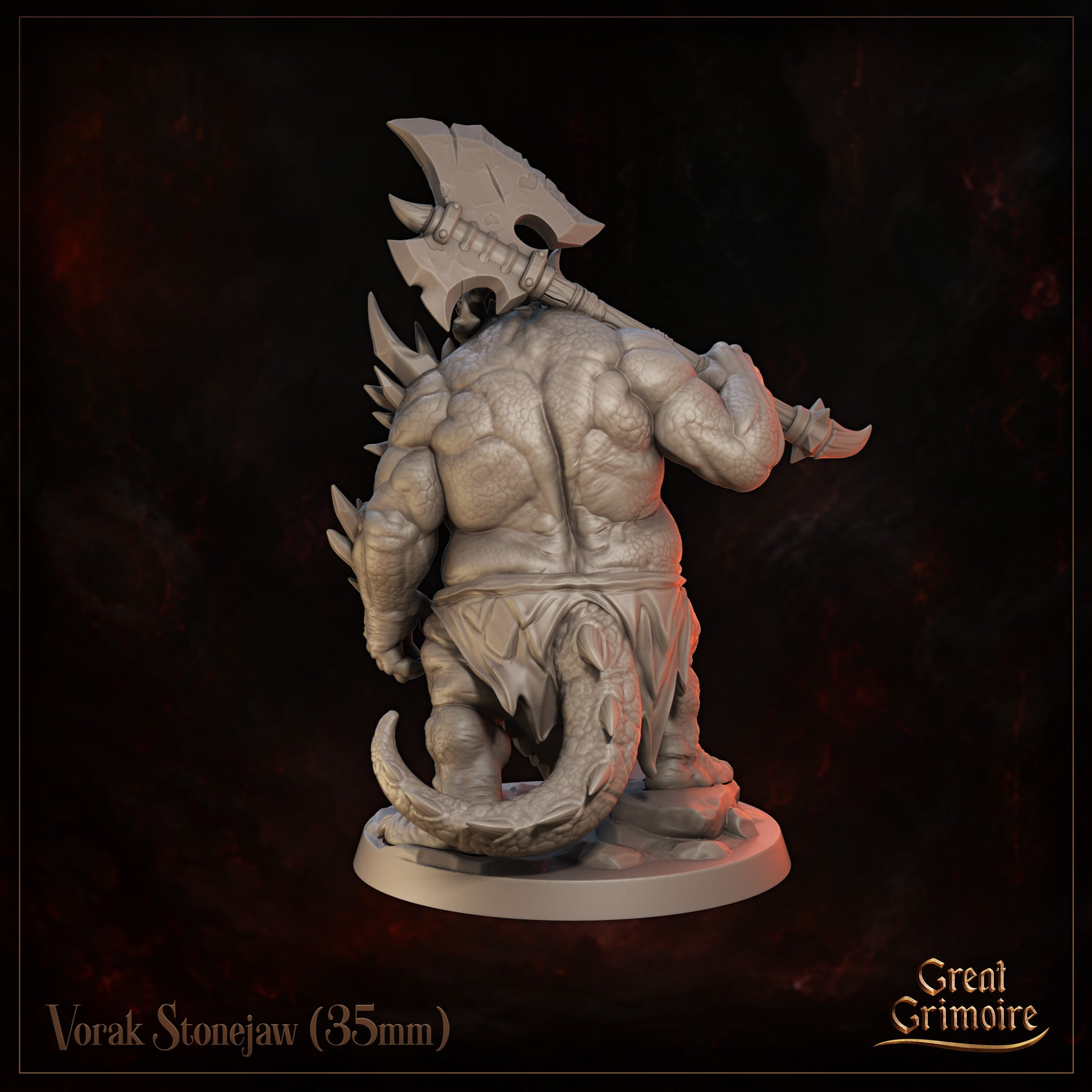 Vorak Stonejaw by Great Grimoire — rear view revealing the full expanse of the dragonborn's scaly back, prominent dorsal spines, swept tail curling along the base, and the greataxe overhead.