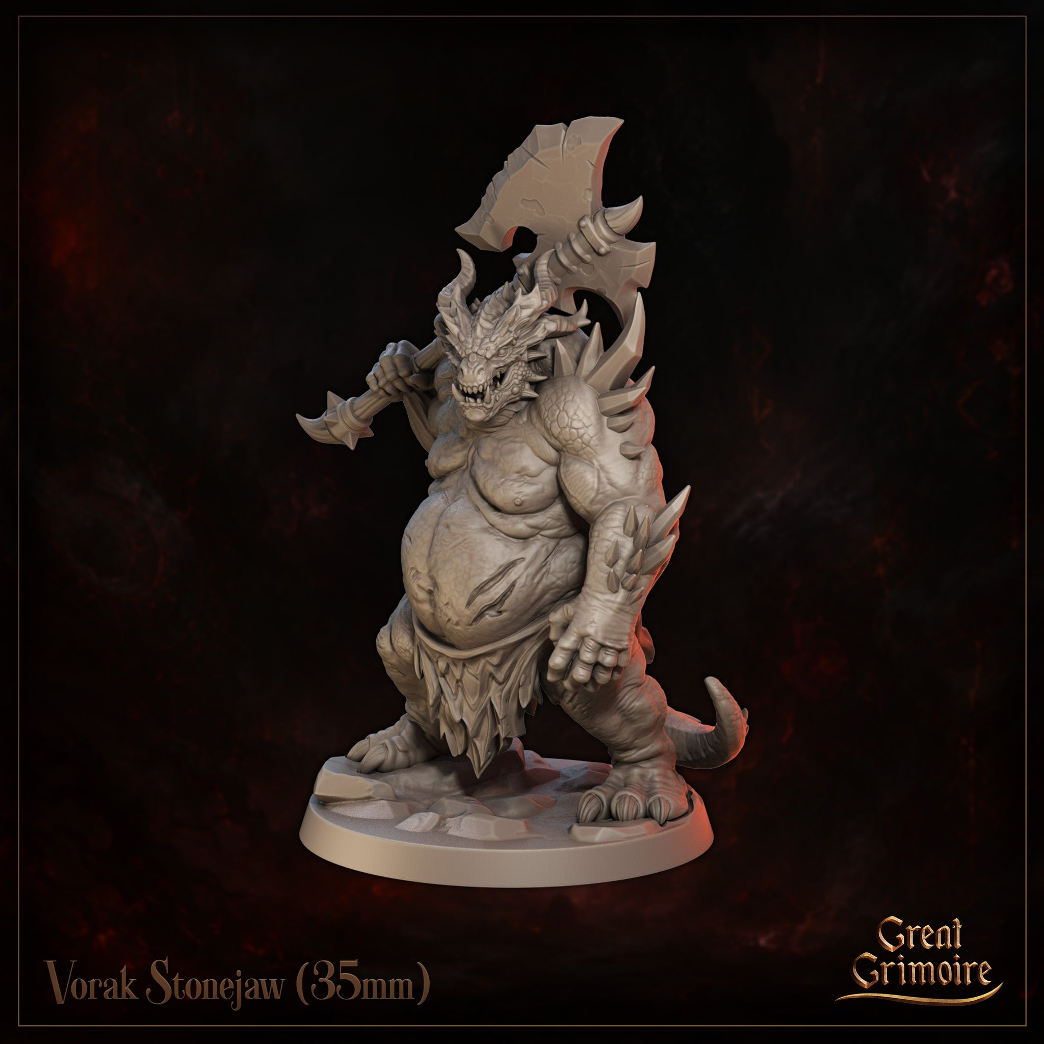 Vorak Stonejaw by Great Grimoire — close angle emphasising the snarling draconic face with horns and fangs, the muscular scaled arms, and the detailed haft and blade of the greataxe.