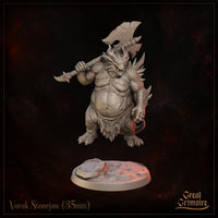 Vorak Stonejaw by Great Grimoire — low angle showing the cracked rocky scenic base, clawed feet, and the full imposing silhouette of the dragonborn warrior with greataxe across the shoulder.