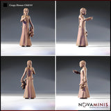 Four-angle turnaround render of the Creepy Human Child 01 miniature showing front, side, back, and opposite side views — unpainted resin, long braided hair, simple dress, ragdoll clutched at her side, and pointing arm extended. Novaminis branding visible.