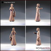 Four-angle turnaround render of the Creepy Human Child 01 miniature showing front, side, back, and opposite side views — unpainted resin, long braided hair, simple dress, ragdoll clutched at her side, and pointing arm extended. Novaminis branding visible.