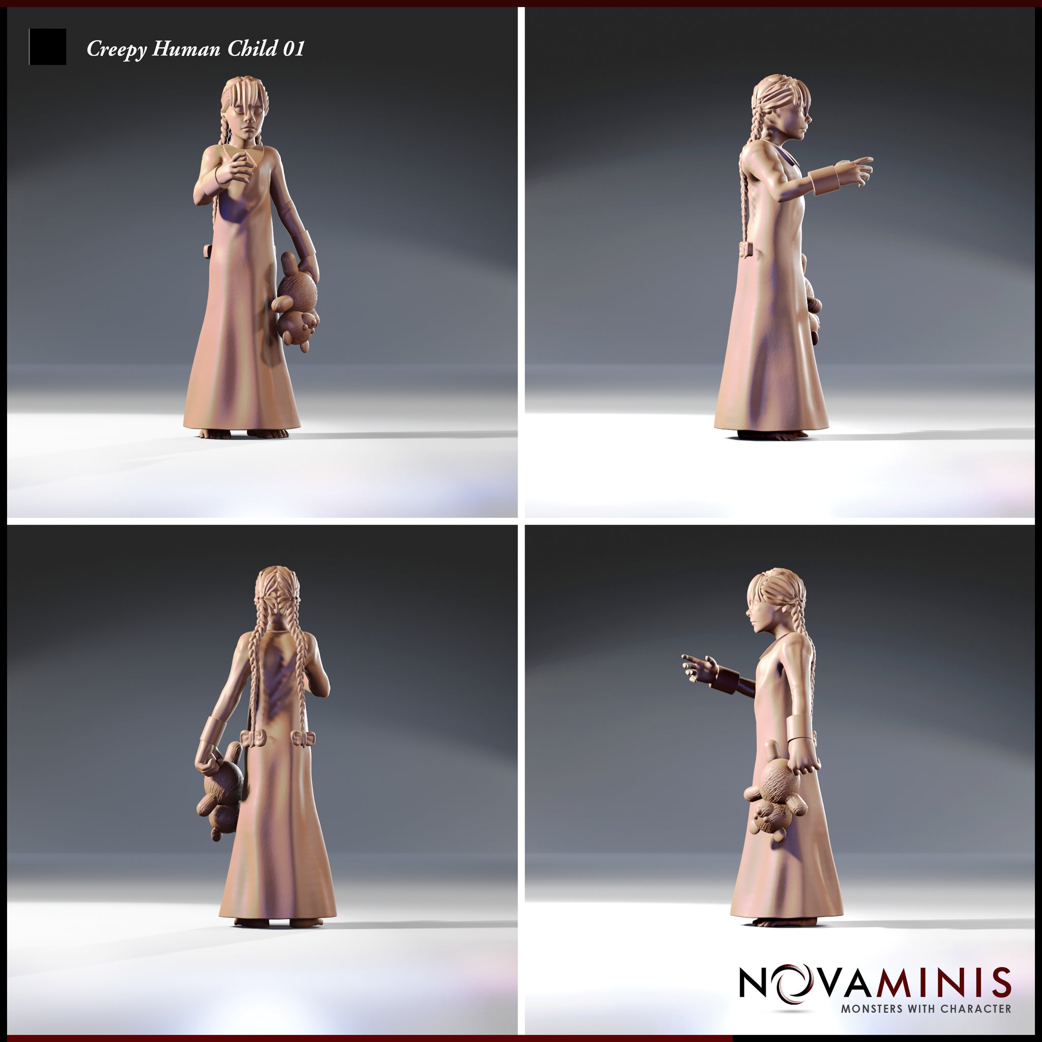 Four-angle turnaround render of the Creepy Human Child 01 miniature showing front, side, back, and opposite side views — unpainted resin, long braided hair, simple dress, ragdoll clutched at her side, and pointing arm extended. Novaminis branding visible.