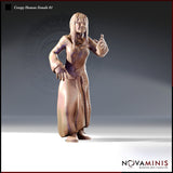 32mm resin miniature render of a creepy human female figure in a long stitched robe, one hand raised with fingers splayed mid-gesture and the other resting on her hip, long lank hair framing a blank unsettling expression — front view