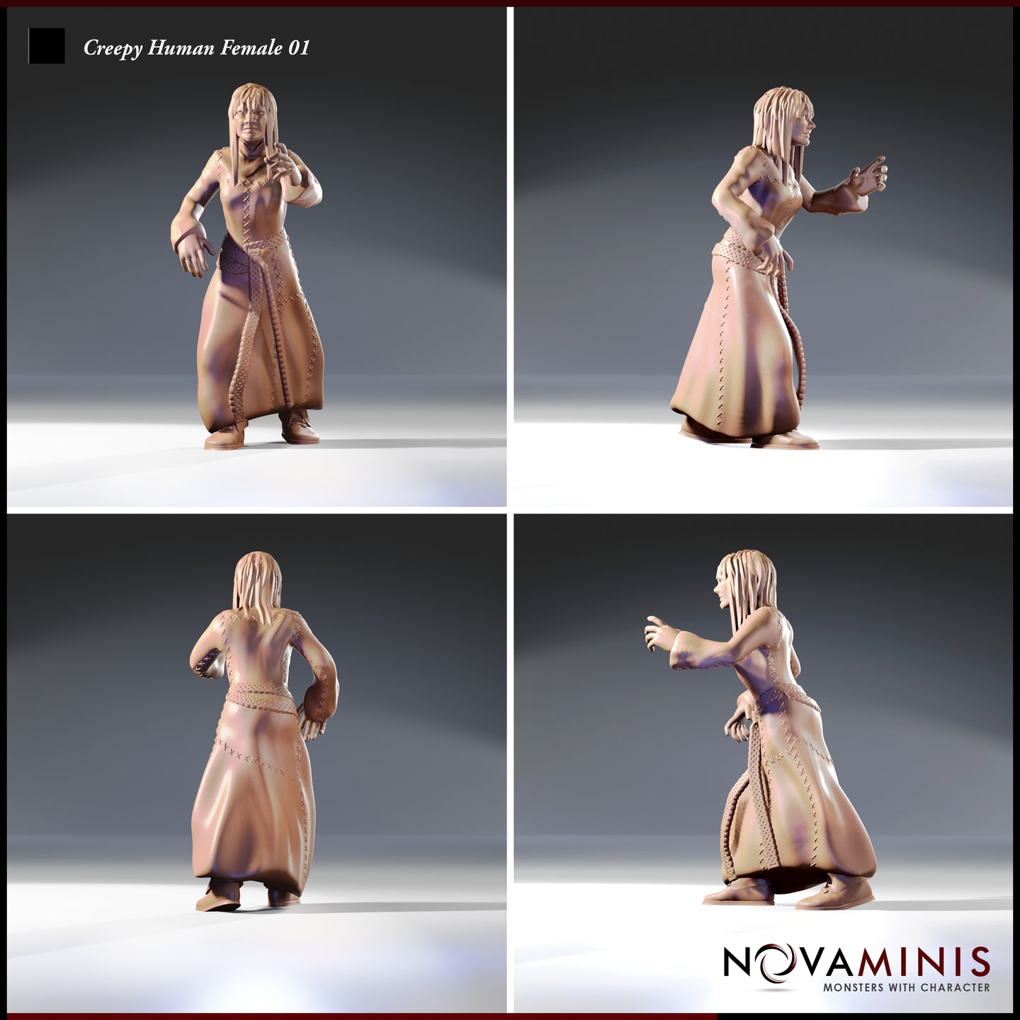 Four-angle render of the Creepy Human Female 01 miniature by Novaminis showing front, side, back, and three-quarter views of a robed woman with cross-stitched detailing, raised hand pose, and long straight hair — 32mm scale unpainted resin