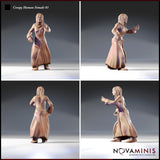 Four-angle render of the Creepy Human Female 01 miniature by Novaminis showing front, side, back, and three-quarter views of a robed woman with cross-stitched detailing, raised hand pose, and long straight hair — 32mm scale unpainted resin