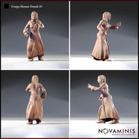 Four-angle render of the Creepy Human Female 01 miniature by Novaminis showing front, side, back, and three-quarter views of a robed woman with cross-stitched detailing, raised hand pose, and long straight hair — 32mm scale unpainted resin