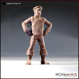Front-facing digital render of Lighthouse Keeper 01 miniature by Novaminis — a bearded male figure in a cable-knit sweater, peaked mariner's cap, and turned-down sea boots, standing with both fists on hips in an authoritative wide-leg stance. Unpainted resin render.