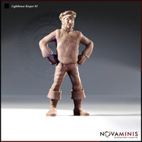 Front-facing digital render of Lighthouse Keeper 01 miniature by Novaminis — a bearded male figure in a cable-knit sweater, peaked mariner's cap, and turned-down sea boots, standing with both fists on hips in an authoritative wide-leg stance. Unpainted resin render.