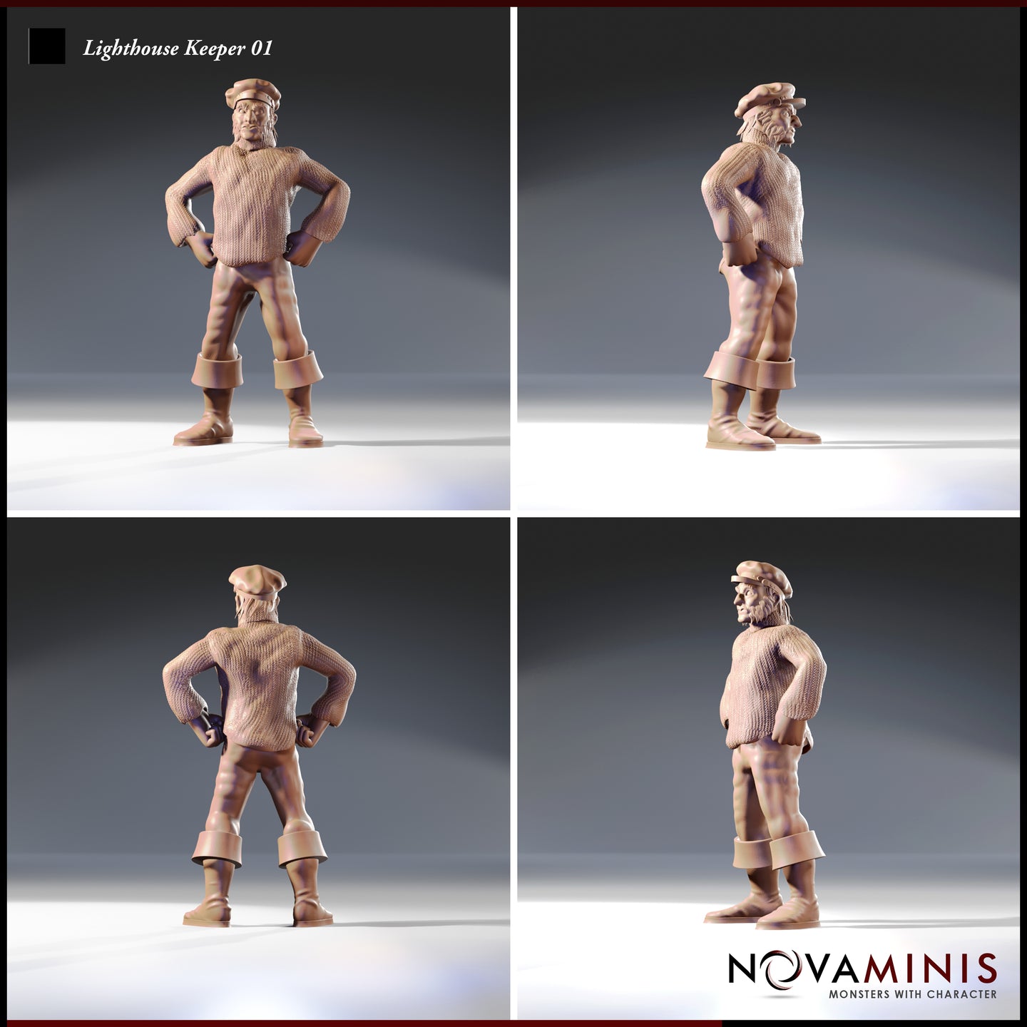 Four-angle digital render sheet of Lighthouse Keeper 01 by Novaminis showing front, left side, rear, and right side views of the bearded lighthouse keeper miniature in a hands-on-hips pose, cable-knit sweater detail clearly visible from all angles. Unpainted resin render.